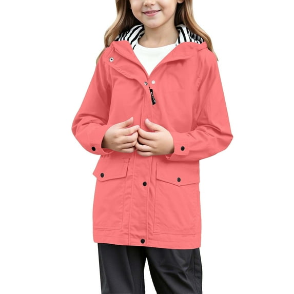 RUIPIN Boys Girls Raincoat Lightweight Breathable Waterproof Hooded Rain Jacket with Striped Hat Windbreaker Easy to Fold,Color:Watermelon Red,Size:13-14 Years
