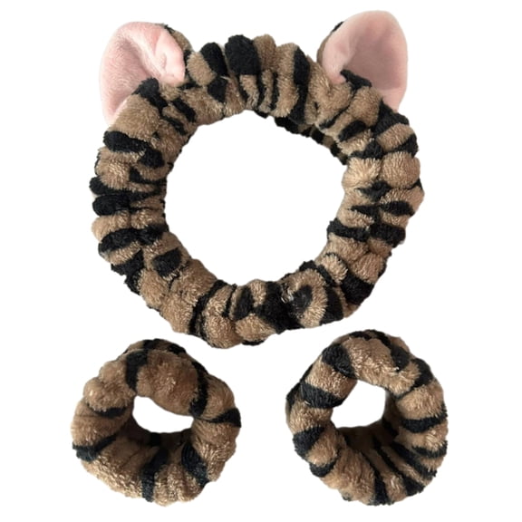 RUISINERY 1set Elastic Women Shower Hairband & Wristband Kitten Plush Face Wash Hairband Home Makeup Headband Wristband