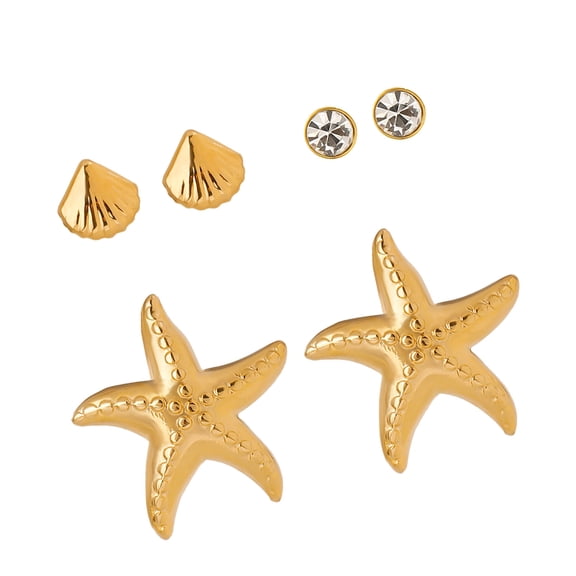 RUISINERY 3 Pair Starfishes Shell Earrings Set Fashionable Stackable Ear Studs Sea Inspired Jewelry Accessories for Women