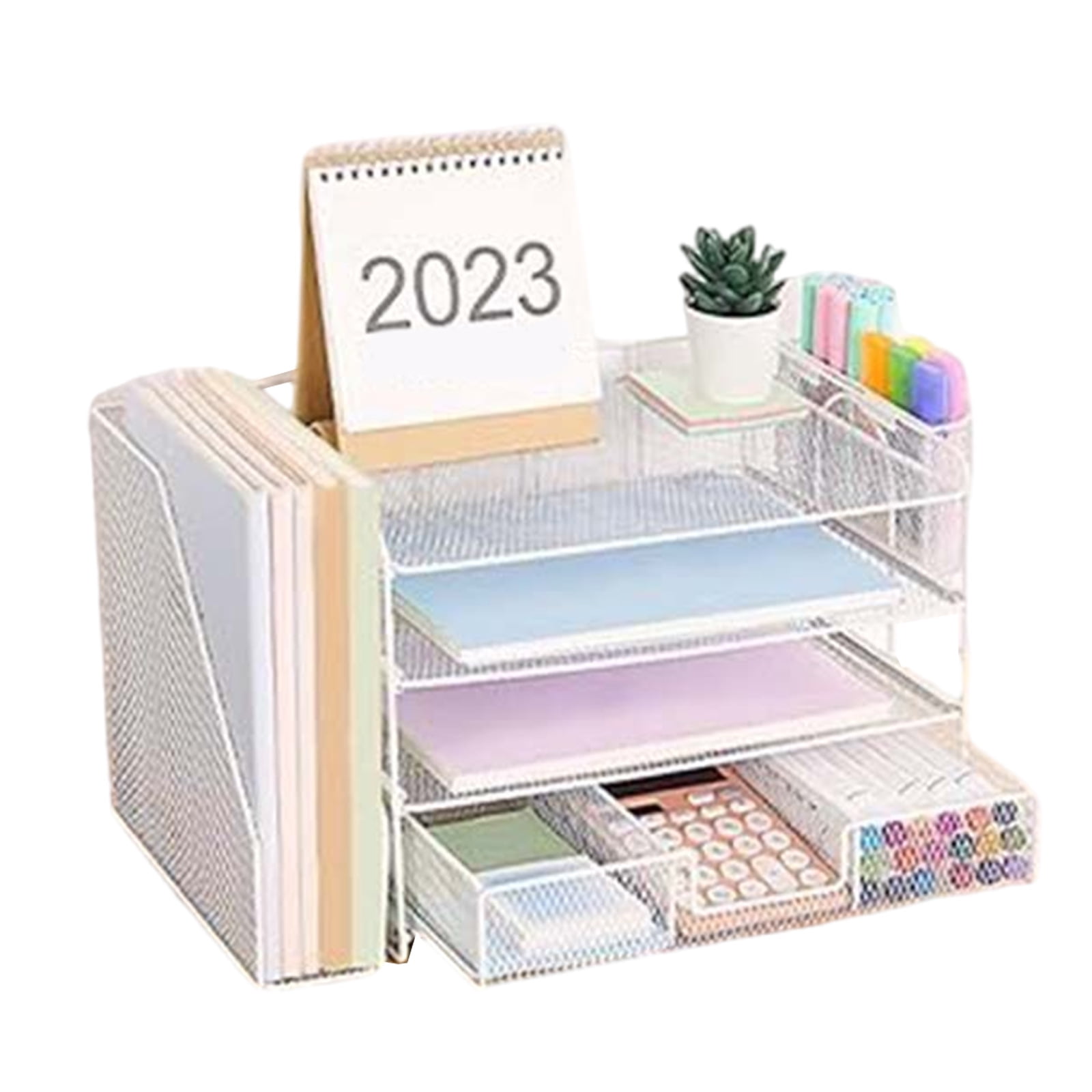 RUISINERY 4-Tiered Letter Tray Metal with Magazine Stand Drawer Pen Cups Desk Organizers and Accessories Multifunction for Office