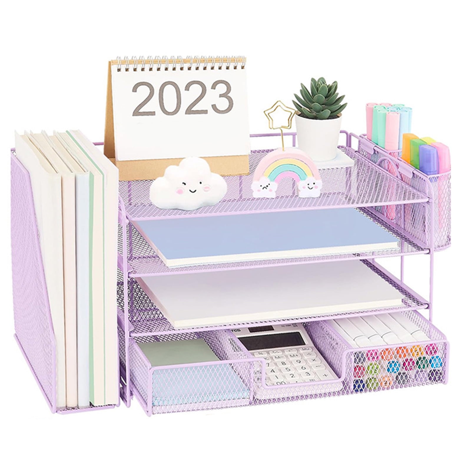 RUISINERY 4-Tiered Letter Tray Metal with Magazine Stand Drawer Pen Cups Desk Organizers and Accessories Multifunction for Office