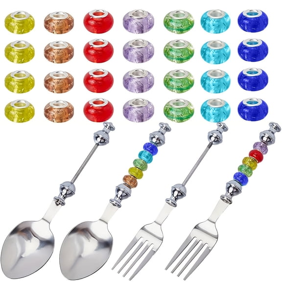 RUISINERY 4pieces Customizable Stainless Steel Spoons and Forks Set with 28 Beads Beadable Tableware Beaded Cutlery Kits