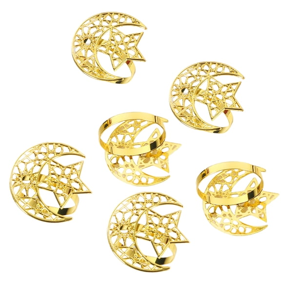 RUISINERY 6pieces Gold Hollowed Moon and Star Napkin Rings for Ramadans Napkin Buckles Eid Festivities Party Table Decoration