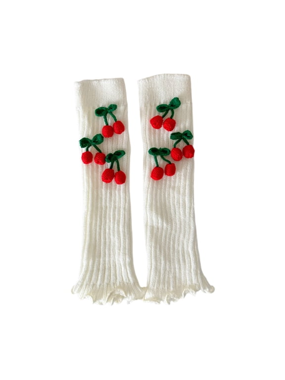 Christmas Ruffled Leg Warmers Sweet Cherries Bowknot Knitted Boot Cuffs Toppers Festival Footless Calf Socks for Women