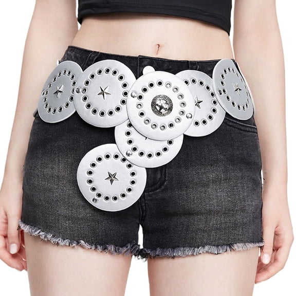 RUISINERY Discs Grommet Waist Belt Star Punk Chain for Cowgirl Buckle Unique Buckle Waist Chain Silver Wide Belt