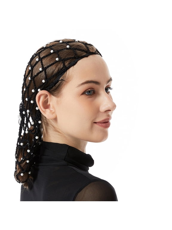 Elegant Handmade Crochet Snood Hair Net Turban Hat for Women with Pearls Bead Decoration Great for Weddings and Parties