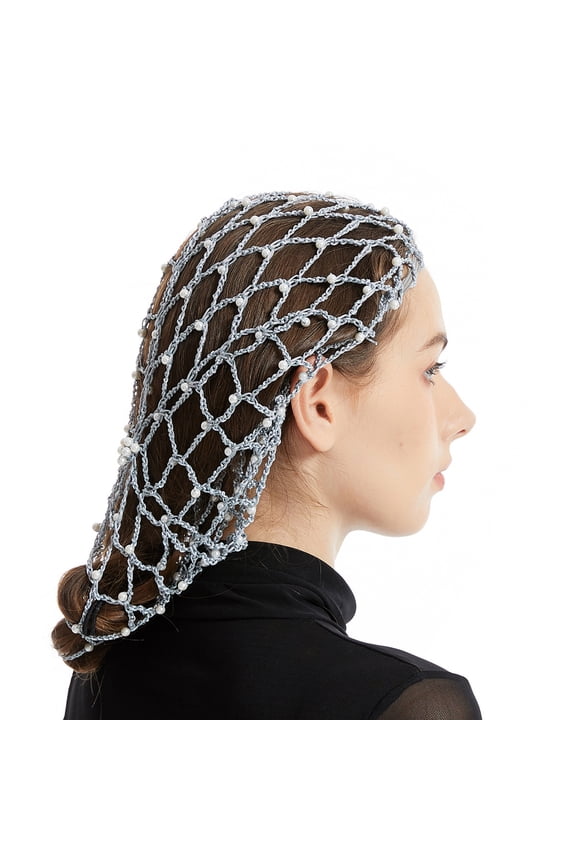 Elegant Handmade Crochet Snood Hair Net Turban Hat for Women with Pearls Bead Decoration Great for Weddings and Parties