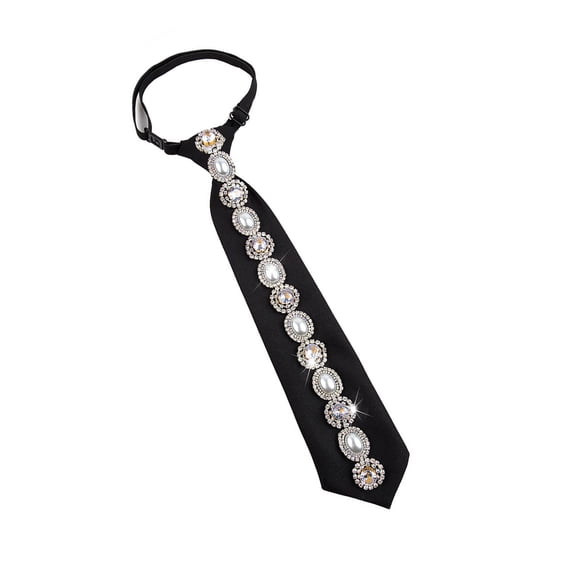 RUISINERY Elegant Women's Adjustable Pre Tied Black Necktie with Crystal Rhinestones and Pearls for Formal Event and Casual Wear