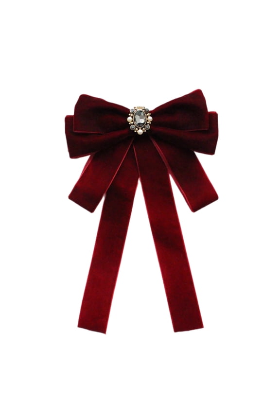 Elegant Women's Velvets Bows Tie Brooch Pin Pre Tied Bowknot Necktie with Rhinestones and Pearls Decors for Formal Event