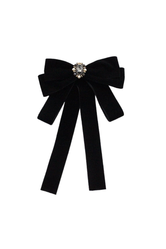 Elegant Women's Velvets Bows Tie Brooch Pin Pre Tied Bowknot Necktie with Rhinestones and Pearls Decors for Formal Event