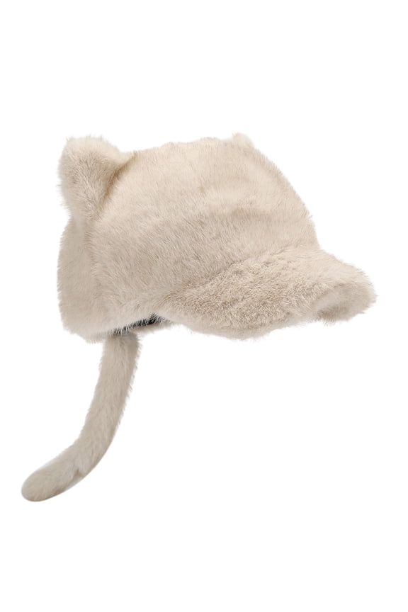 Furry Baseball Hat with Plush Tail Winter Warm Hat Furry Cats Ear Running Hat Windproof Cycyling Hat for Women Teens