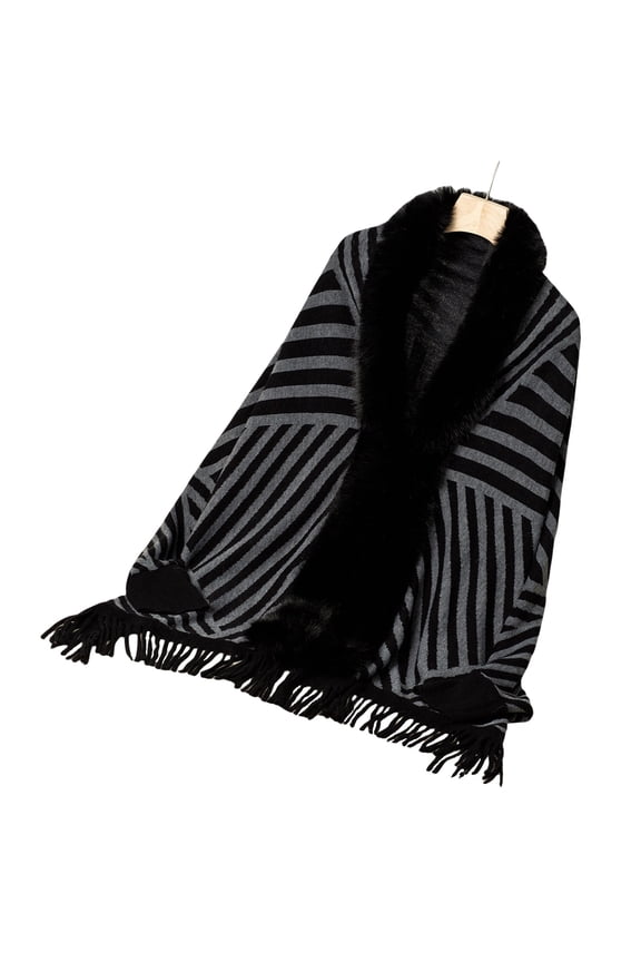 Long Sleeve Sweater Cardigan Knit Shawl Shrug Furry Collar Open Front Tassels Loose Ponchos Cloak for Women