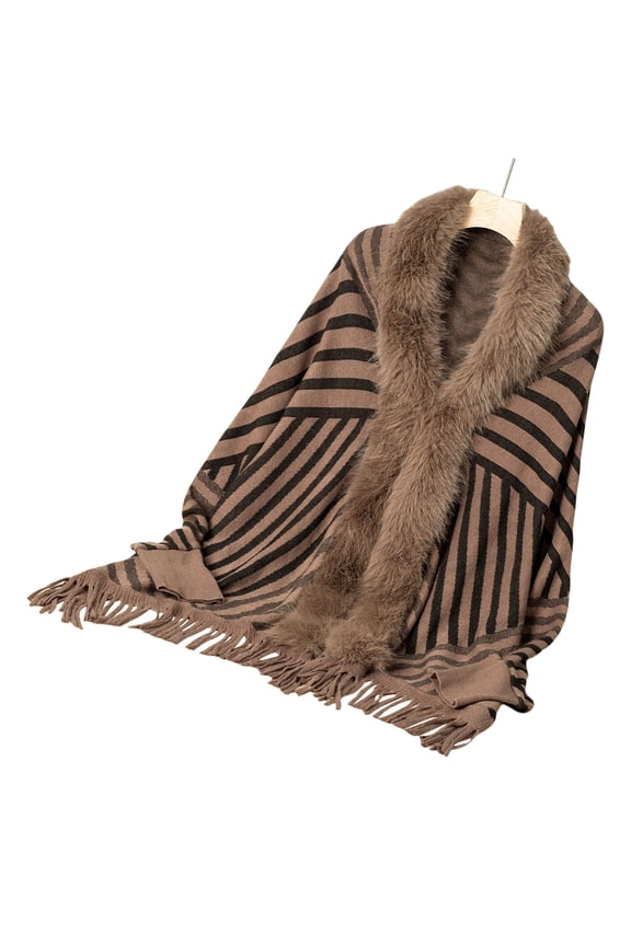 Long Sleeve Sweater Cardigan Knit Shawl Shrug Furry Collar Open Front Tassels Loose Ponchos Cloak for Women