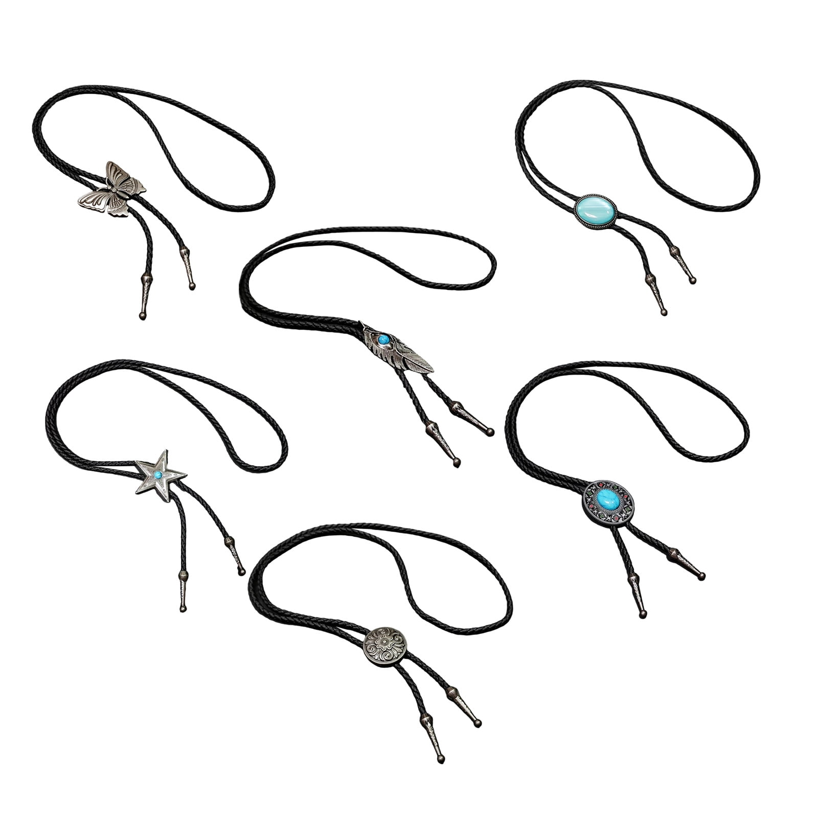 RUISINERY Pack of 6 Bolotie Set Western Outfit Leather Cord Rodeos Jewelry Pendant Necktie Necklace for Men and Women Festivals