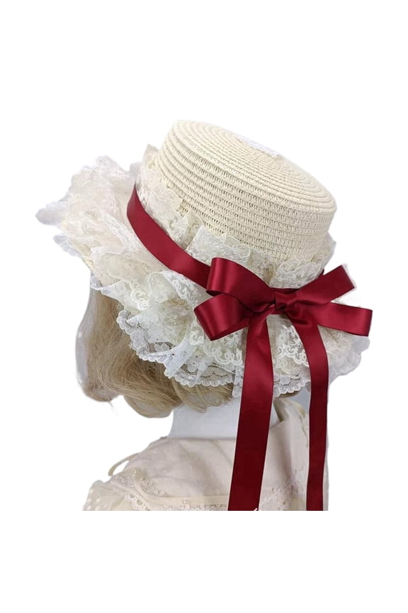 Stylish French Bonnet Hat With Lace Trim and Bowknot Adjustable Straw Hat For Special Occasion Roleplay Game Headwear