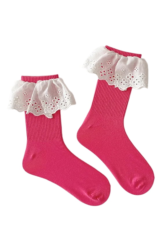 Women Autumn Ruffled Lace Trimmed Patchwork Ankle Socks Korean Sweet Girls Candy Color Ribbed Cotton Middle Tube Socks