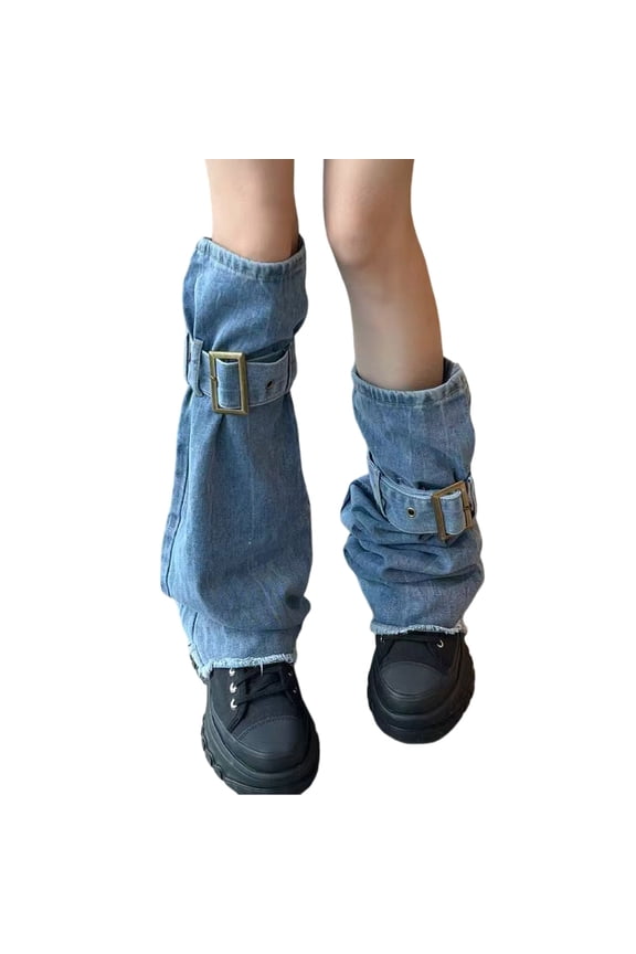Women Subcultures Jeans Leg Warmers with Buckled Straps Punk Washed Denims Baggy Flared Boot Covers Streetwear