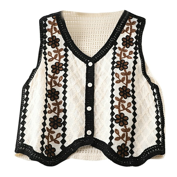 RUISINERY Women Vintage Hollow-Out Crochet Knit Sleeveless Vest Waistcoat Button Up Floral Loose Crop Cardigan Top