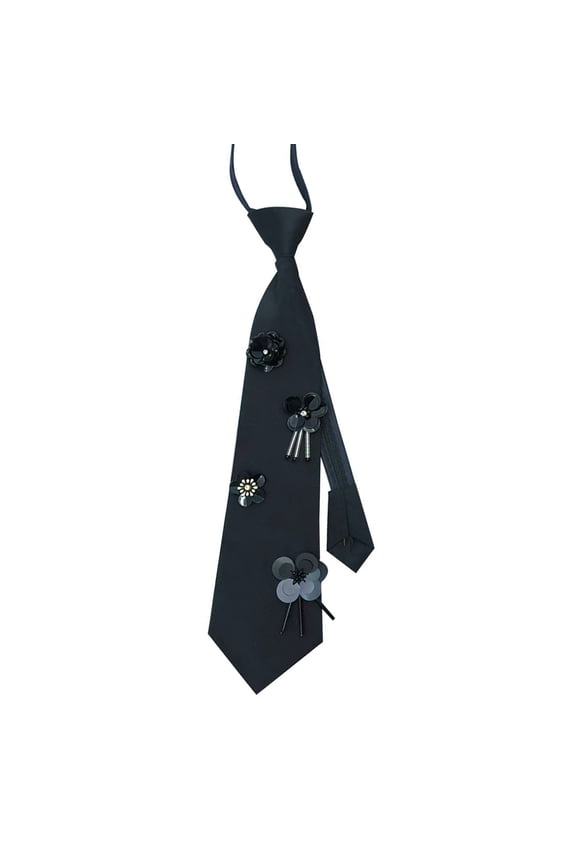 Women's Campus Preppy Neck Tie Sequins Flower Embellished Zippers Pre tied Tie for Student Uniform and Shirt Collar