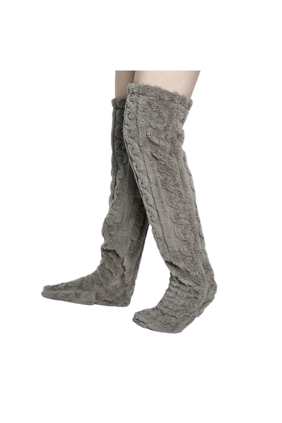 Womens Winter Thick Fleece Fuzzy Thigh High Slipper Socks Solid Color Furry Cable Pattern Over Knee Stockings Leg Warmer