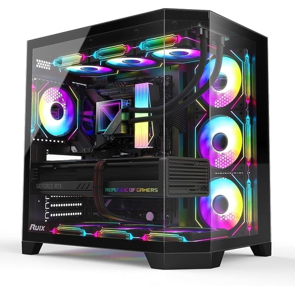 RUIX OV303 ATX Mid-Tower PC Case, Pre-Installed 4 x 120mm Prism ARGB PWM Fans, USB 3.0 & Type-C Ports, High-Airflow Gaming Computer Case - Black