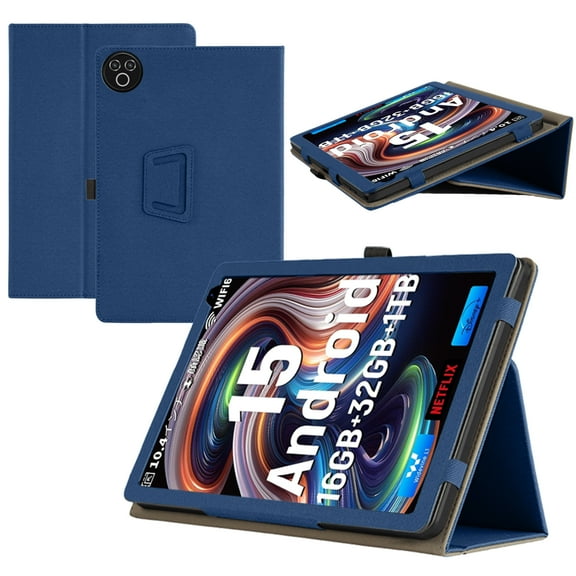 RUIXHFor Evermyth 10 Inch Tablet Case Evermyth Android 15 Tablet Case Premium PU Leather Lightweight and Portable Built-in Stand and Pen Slot Design With Wrist Strap (Dark blue)