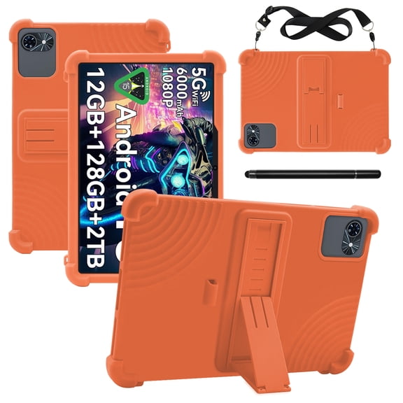 RUIXHProtective case for TABWEE T80 10.1-inch tablets made of silicone waterproof and drop-proof breathable built-in stand pen slot design includes shoulder strap and stylus (orange)