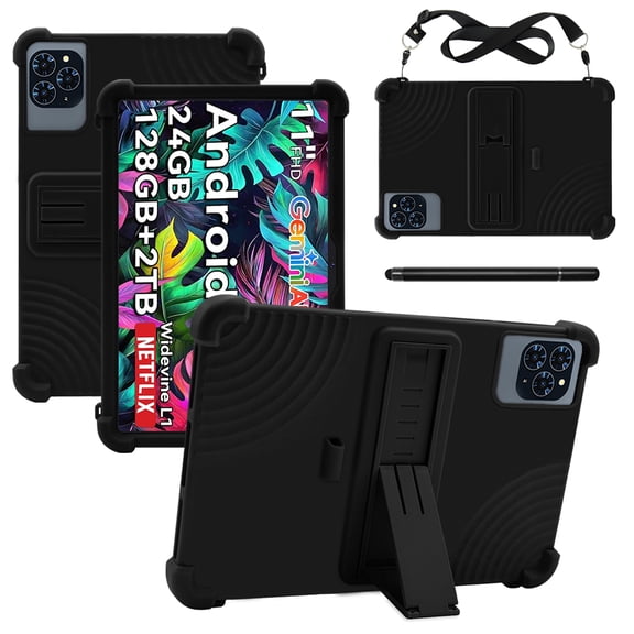 RUIXHProtective case for Tabwee T90 / W90 11-inch tablets made of silicone waterproof and drop-proof honeycomb cooling built-in stand pen slot design includes shoulder strap and stylus (Black)