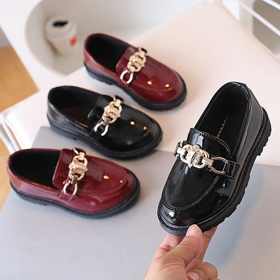 RUIYANQI Big Girls Kids Loafers Toddler Girl Shoes Patent Leather Flat Low Heel Girls Dress Shoes Metal Chain Slip On Soft Non Slip Sole Spring Autumn Princess Casual Shoes for Girls Daily Wear