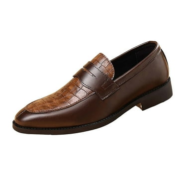RUIYANQI Men's Slip On Loafers Crocodile Pattern Leather Dress Shoes Formal Business Footwear Round Toe Wedding Office Shoes Trendy Brown Women Sandal