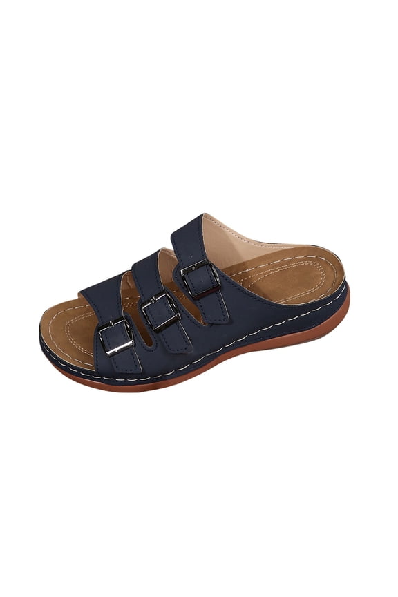 Stylish Women's Flat Slides,Simple Leather Construction with Buckle Detail,Perfect for Casual Outings Navy Women Sandal
