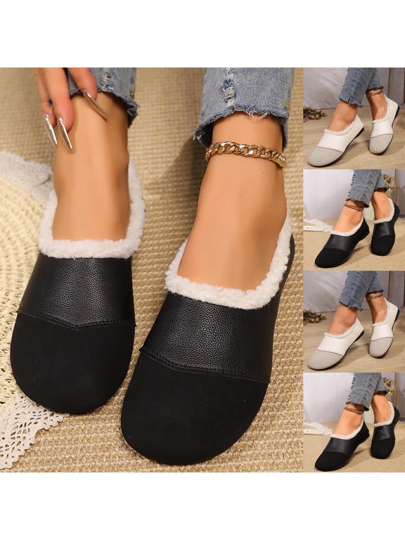 Women Shoes Slip On Loafers for Women Warm Fleece Lined Comfortable Flat Flats Shoes Wide Feet Casual Low Heel Leather Patchwork Round Toe House Walking Daily Wear Winter Shoes for Women