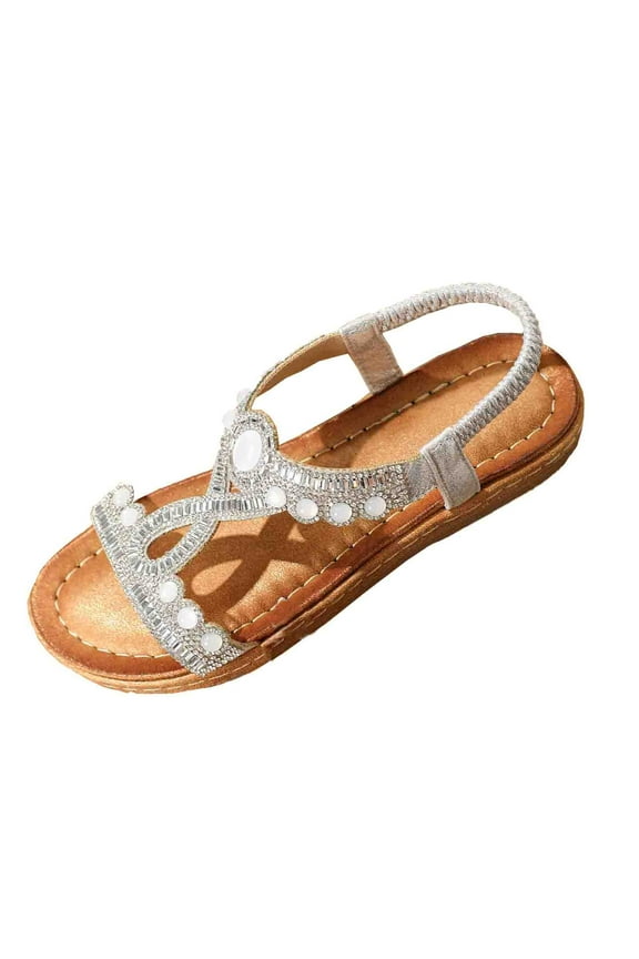 Women's Beaded Gemstone Sandals Boho Rhinestone T Strap Shoes Trendy Fashion Summer Beach Footwear Comfortable Flat Heel Design for Outdoor Daily Wear Silver Women Sandal