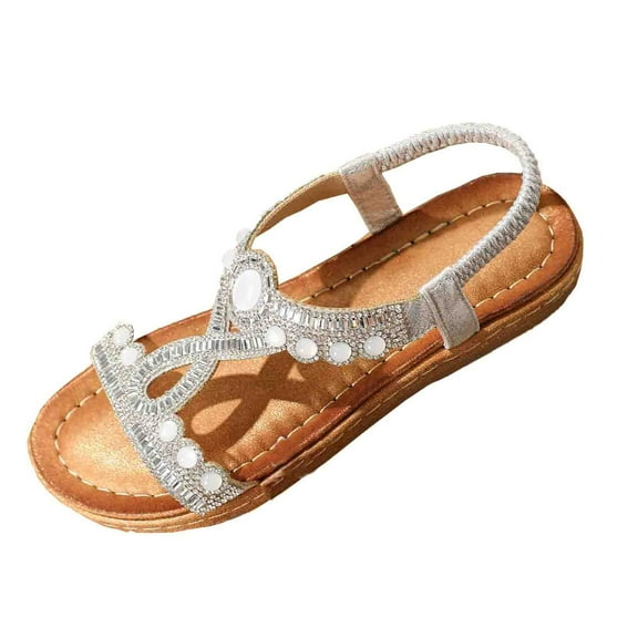 RUIYANQI Women's Beaded Gemstone Sandals Boho Rhinestone T Strap Shoes Trendy Fashion Summer Beach Footwear Comfortable Flat Heel Design for Outdoor Daily Wear Silver Women Sandal