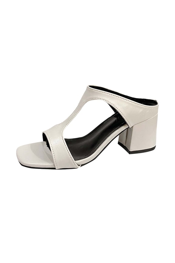 Women's Block - Heel Mules,Stylish T - Strap Leather Sandals in Off - White,Versatile Footwear for Casual & Semi - formal Wear Beige Women Sandal
