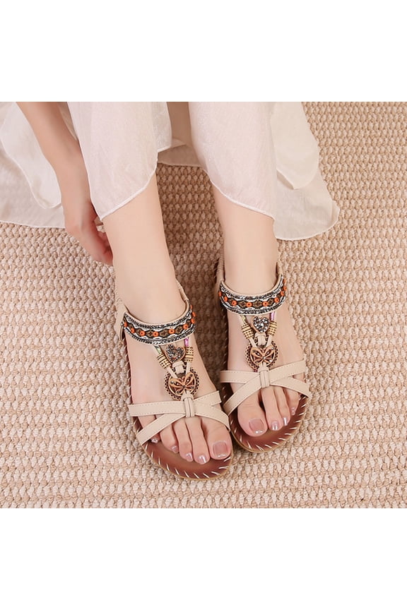 Women's Bohemian Beaded Sandals Ankle Strap Design Open Toe Footwear Ethnic Style Casual Summer Beach Shoes Trendy Fashion Flats Beige Women Sandal