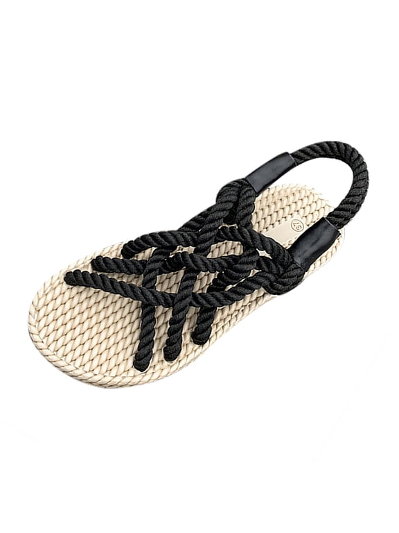 Women's Braided Rope Sandals - Handmade Woven Footwear, Trendy Open Toe Summer Slides, Comfortable Casual Beach Shoes, Bohemian Style Flat Sandals
