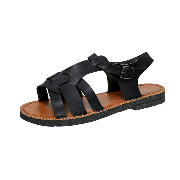 RUIYANQI Women's Braided Strap Flat Sandals,Open - Toe Summer Footwear with Interwoven Design and Adjustable Buckle for Casual Daily Wear Black Women Sandal