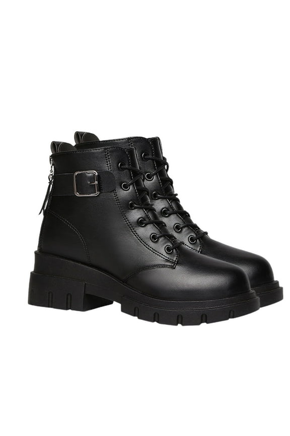 Women's Buckle Strap Combat Thin Wool Boots Side Zip Platform Sole Round Toe Leather Casual Winter Booties For Women Black Women Sandal