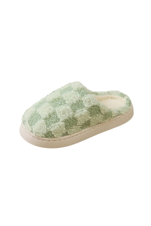 Women's Checkered Fuzzy Slippers Cozy Plush House Slides Soft Indoor Footwear Trendy Winter Warm Slip On Shoes Non Slip Green Women Sandal
