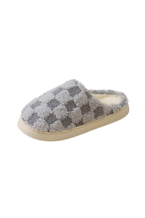 Women's Checkered Plush Slippers Warm Cozy House Footwear Soft Fuzzy Indoor Slides Trendy Winter Slip On Shoes Comfy Gray Women Sandal