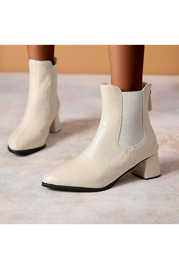 Women's Chelsea Ankle Boots Elastic Panel Design Square Toe Footwear Block Heel Shoes Trendy Fashion Slip On Dress Boots Casual Beige Women Sandals