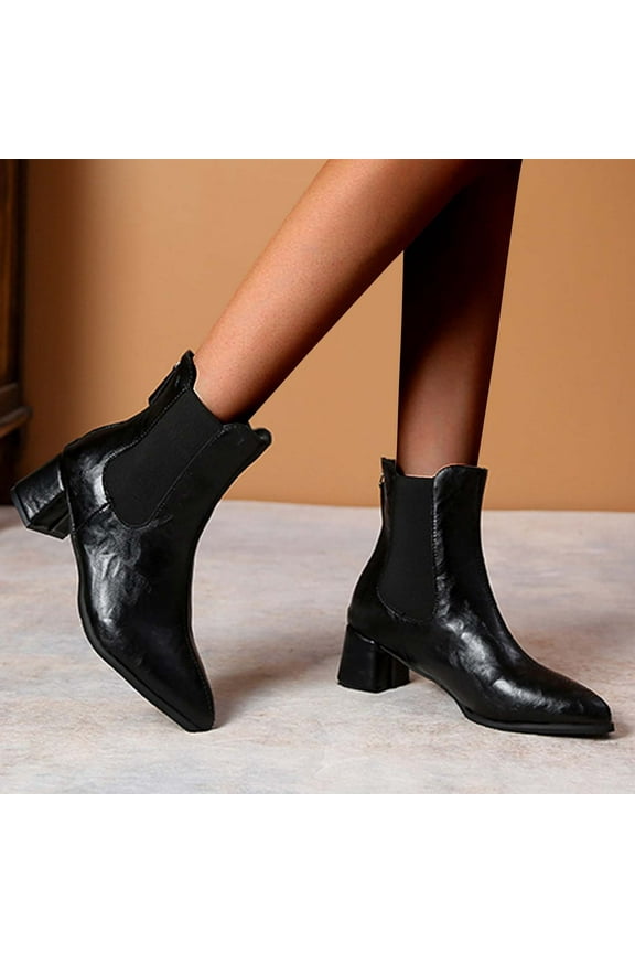 Women's Chelsea Ankle Boots Elastic Panel Design Square Toe Footwear Block Heel Shoes Trendy Fashion Slip On Dress Boots Casual Black Women Sandals