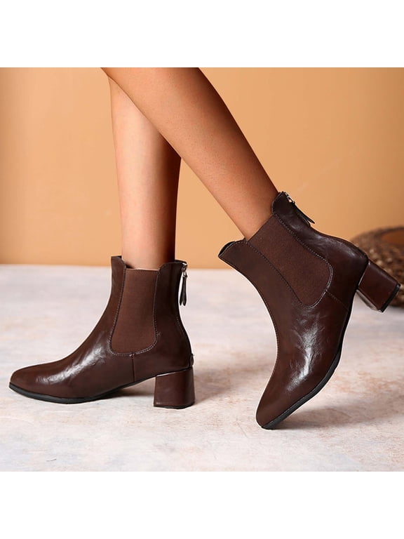 Women's Chelsea Ankle Boots Elastic Panel Design Square Toe Footwear Block Heel Shoes Trendy Fashion Slip On Dress Boots Casual Brown Women Sandals