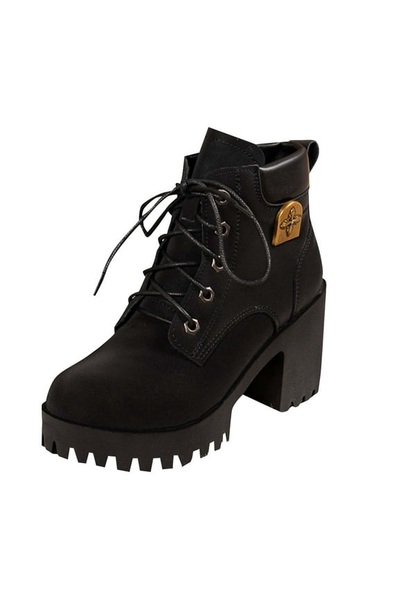 Women's Chunky Heel Combat Boots Lace Up Platform Ankle Booties Trendy Lug Sole Work Boots Casual Fall Winter Fashion Footwear Durable Outdoor Shoes Black Women Sandal