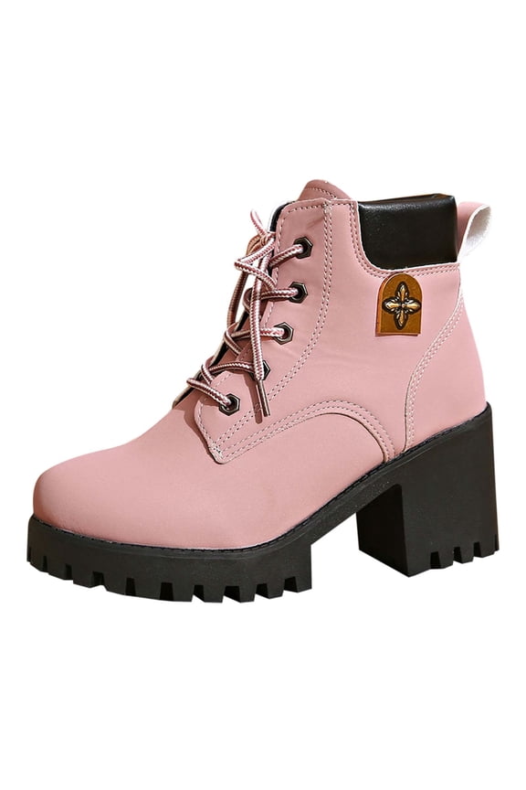 Women's Chunky Heel Combat Boots Lace Up Platform Ankle Booties Trendy Lug Sole Work Boots Casual Fall Winter Fashion Footwear Durable Outdoor Shoes Pink Women Sandal