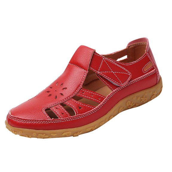 RUIYANQI Women's Closed Toe PU Leather - like Sandals Perforated Adjustable Strap Multi - color Comfortable Casual Summer Shoes Non Slip Orthopedic Footwear For Women Red Women Sandal