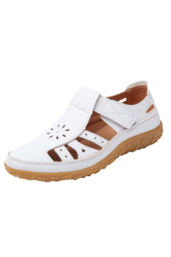Women's Closed Toe PU Leather - like Sandals Perforated Adjustable Strap Multi - color Comfortable Casual Summer Shoes Non Slip Orthopedic Footwear For Women White Women Sandal
