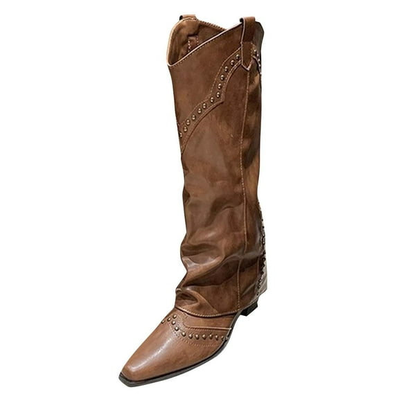 RUIYANQI Women's Cowboy Knee High Boots Studded Western Style Pull On Low Heel Faux Leather Cowgirl Boots Casual Fall Winter Fashion Footwear Brown Women Sandal