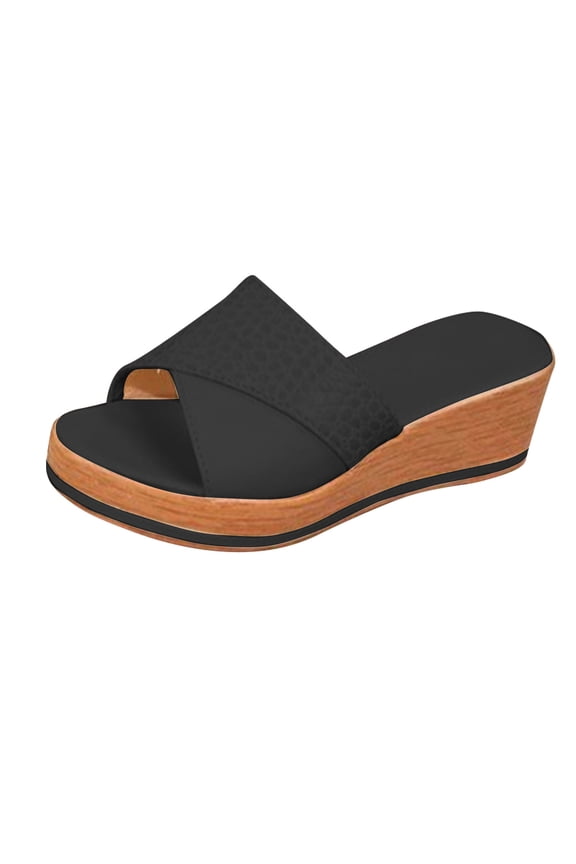 Women's Crocodile Pattern Wedge Slides Cross Strap Open Toe Sandals Comfortable Platform Footwear Trendy Fashion Summer Beach Casual Shoes for Daily Wear Black Women Sandal